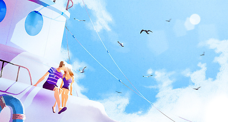 주간 PSD 커플 여자 남자 요트 일러스트 갈매기 하늘 키스 성인 야외 두명 여름 국내일러스트 자연요소 계절 배_교통 관계 조류 사람 애정표현 파일형식