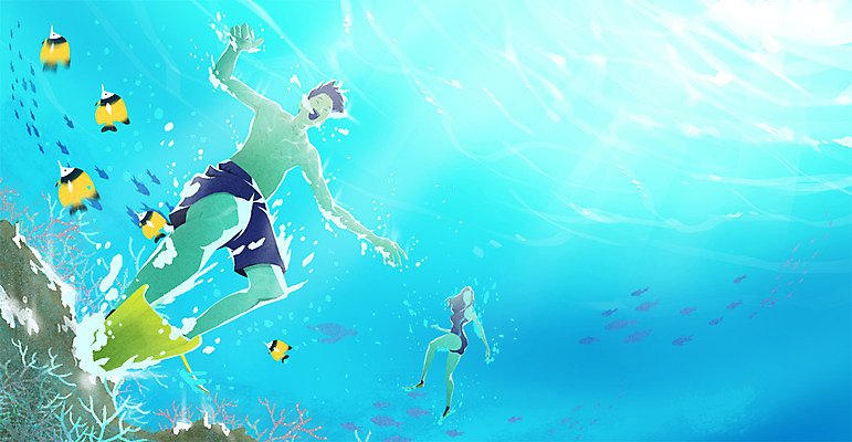 PSD 커플 여자 남자 일러스트 물놀이 성인 여름 바닷속 수영 오리발 열대어 국내일러스트 계절 관계 놀이 어류 사람 수중 수상스포츠 파일형식