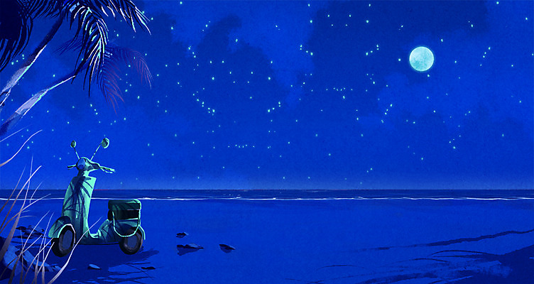 PSD 바다 일러스트 밤하늘 해변 사람없음 여름 오토바이 달 국내일러스트 자연요소 계절 하늘 바이크 야간 파일형식