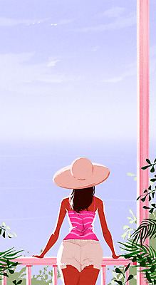 PSD 모자 여자 바다 일러스트 한명 성인 여름 발코니 국내일러스트 1 잡화 계절 사람 파일형식