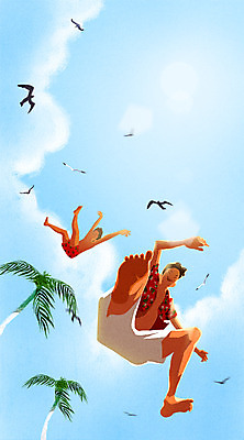 PSD 남자 어린이 로우앵글 일러스트 갈매기 하늘 두명 여름 야자수 국내일러스트 나무 계절 뷰포인트 조류 사람 파일형식