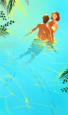 PSD 커플 여자 남자 바다 일러스트 물놀이 성인 두명 여름 비키니 국내일러스트 계절 수영복 관계 놀이 사람 파일형식