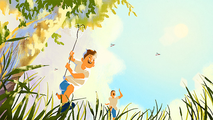 PSD 나무 남자 어린이 일러스트 두명 여름 풀잎 잠자리 채집망 국내일러스트 식물 계절 곤충 잎 사람 풀_식물 파일형식