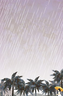 PSD 여자 어린이 백그라운드 일러스트 우산 한명 소녀 야외 여름 야자수 비 트로피컬아트 국내일러스트 자연요소 나무 1 계절 날씨 사람 그림 파일형식