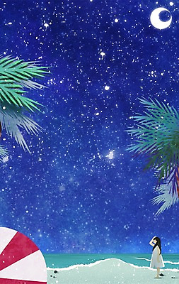 PSD 여자 별 어린이 백그라운드 일러스트 밤하늘 한명 소녀 해변 야외 여름 야자수 달 파라솔 야간 트로피컬아트 국내일러스트 자연요소 나무 1 계절 바다 하늘 사람 그림 파일형식