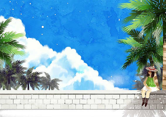 주간 PSD 구름 여자 어린이 백그라운드 일러스트 휴식 돌담 한명 소녀 야외 여름 야자수 트로피컬아트 국내일러스트 자연요소 나무 1 계절 컨셉 사람 담장 돌_바위 그림 파일형식