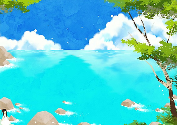 주간 PSD 나무 구름 여자 어린이 바다 백그라운드 일러스트 한명 소녀 해변 야외 여름 바위 국내일러스트 자연요소 식물 1 계절 사람 돌_바위 파일형식