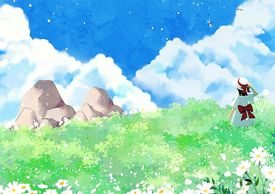 주간 PSD 구름 여자 꽃 리본 어린이 백그라운드 일러스트 한명 소녀 야외 여름 돌_바위 동산 국내일러스트 자연요소 식물 1 계절 사람 파일형식