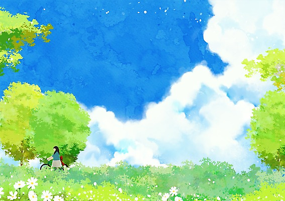 주간 PSD 나무 구름 여자 어린이 백그라운드 일러스트 한명 소녀 야외 여름 자전거 국내일러스트 자연요소 식물 1 계절 사람 바이크 파일형식