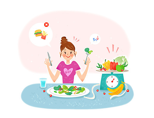 여자 다이어트 채소 과일 일러스트 바나나 줄자 저울 한명 성인 국내일러스트 AI파일 1 자 건강 사람 파일형식 벡터
