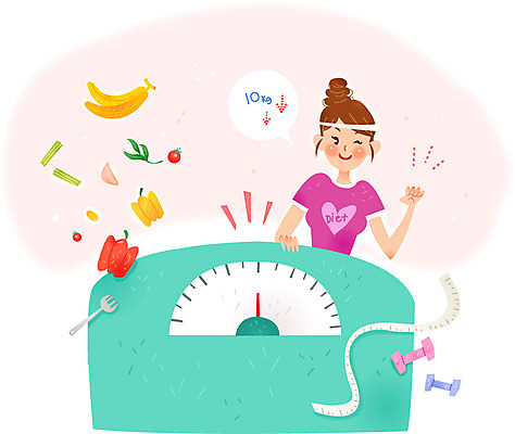 여자 포크 다이어트 채소 일러스트 피망 바나나 줄자 저울 한명 성인 아령 국내일러스트 AI파일 1 식기 과일 자 건강 사람 파일형식 벡터