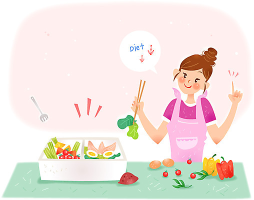 여자 다이어트 일러스트 젓가락 한명 성인 앞치마 도시락 다이어트음식 국내일러스트 AI파일 1 음식 수저 건강 사람 파일형식 벡터