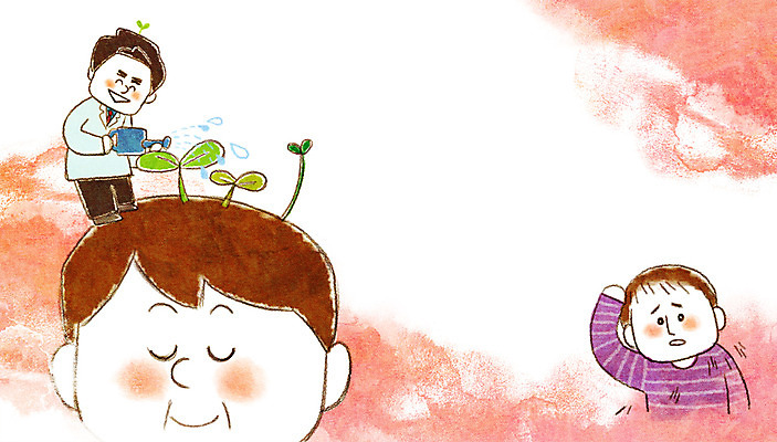 PSD 남자 일러스트 의학 성인 세명 새싹 물뿌리개 환자 의사 탈모 국내일러스트 식물 사람 의료진 증상 파일형식