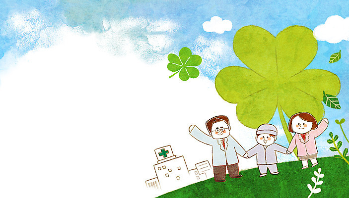 PSD 여자 남자 어린이 일러스트 의학 병원 성인 세명 손잡기 환자 간호사 의사 클로버 국내일러스트 모션 사람 의료진 파일형식