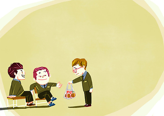 PSD 학생 남자 교복 빵 의자 일러스트 청소년 세명 책상 심부름 학교폭력 국내일러스트 옷 음식 가구 사람 폭력 파일형식