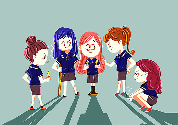 PSD 학생 여자 교복 일러스트 청소년 담배 여러명 막대기 학대 라이터 학교폭력 국내일러스트 옷 다수 사람 폭력 사회이슈 파일형식