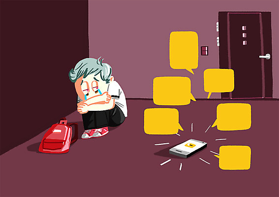 PSD 학생 남자 교복 말풍선 가방 일러스트 청소년 한명 스마트폰 문 울음 학대 눈물 문자메시지 학교폭력 언어폭력 국내일러스트 1 잡화 옷 감정 표정 사람 핸드폰 스마트기기 폭력 메시지 사회이슈 파일형식