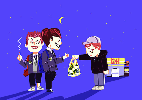 PSD 학생 남자 교복 일러스트 청소년 술병 담배 세명 심부름 편의점 학교폭력 국내일러스트 옷 병_용기 주류 사람 상점 폭력 파일형식