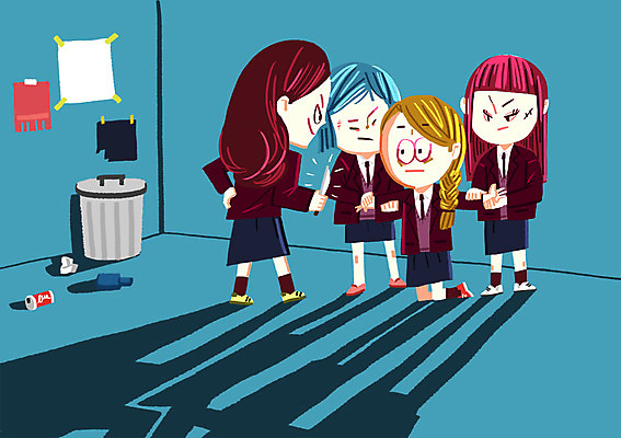 PSD 학생 여자 교복 일러스트 청소년 여러명 쓰레기통 칼 학대 위협 학교폭력 국내일러스트 옷 다수 사람 폭력 사회이슈 파일형식