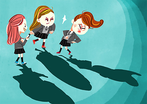 PSD 학생 여자 교복 일러스트 청소년 세명 때리기 학교폭력 국내일러스트 옷 모션 사람 폭력 파일형식