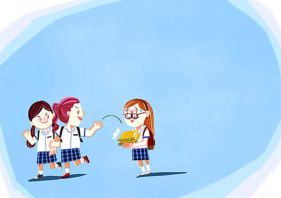 PSD 학생 여자 교복 일러스트 청소년 세명 공책 학대 심부름 학교폭력 국내일러스트 옷 문구용품 사람 폭력 사회이슈 파일형식