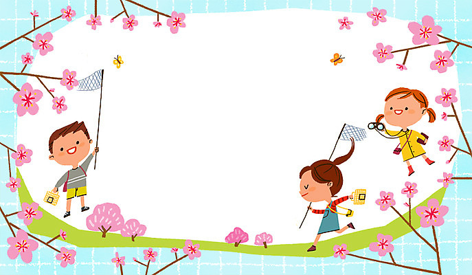 PSD 여자 남자 어린이 일러스트 자연 세명 봄 벚꽃 체험학습 채집망 국내일러스트 계절 꽃 사람 체험 생태계 파일형식