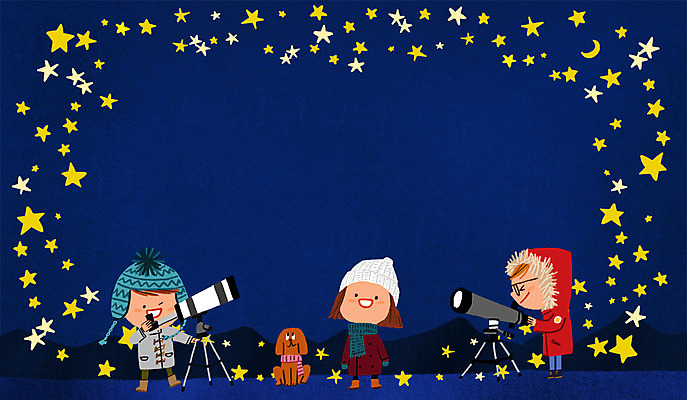 PSD 여자 남자 별 어린이 일러스트 자연 밤하늘 털모자 세명 관찰 체험학습 강아지 천체망원경 국내일러스트 자연요소 모자_잡화 모션 하늘 사람 반려동물 망원경 체험 개 야간 생태계 파일형식
