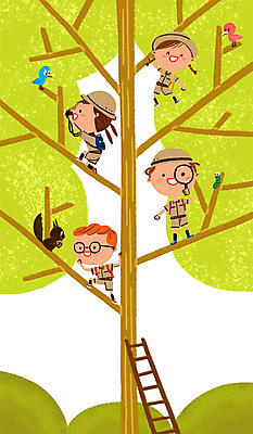 PSD 나무 여자 남자 어린이 일러스트 사다리 자연 조류 돋보기 여러명 관찰 체험학습 다람쥐 탐험대 국내일러스트 식물 동물 다수 모션 사람 탐험 도구 체험 설치류 생태계 파일형식