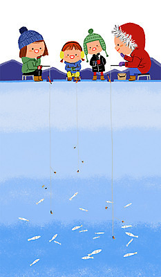 PSD 여자 남자 어린이 겨울 일러스트 자연 털모자 어류 여러명 체험학습 낚싯대 얼음낚시 국내일러스트 모자_잡화 계절 다수 낚시 사람 수중동물 체험 낚시용품 생태계 파일형식