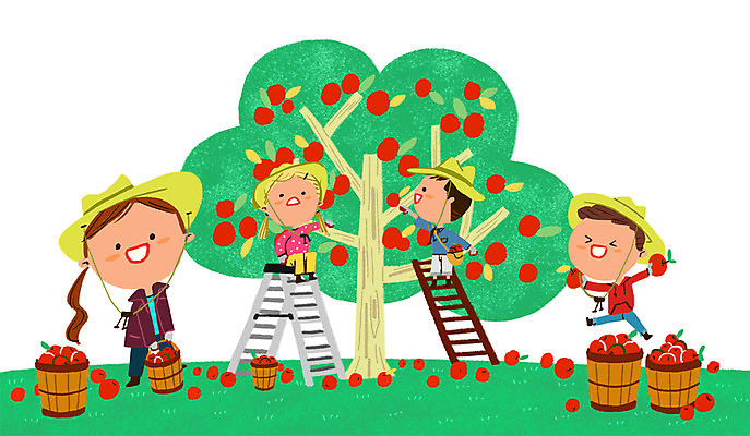 PSD 여자 남자 어린이 일러스트 사다리 자연 여러명 바구니 체험학습 사과나무 사과따기 국내일러스트 나무 다수 사람 수확 도구 체험 사과 생태계 파일형식