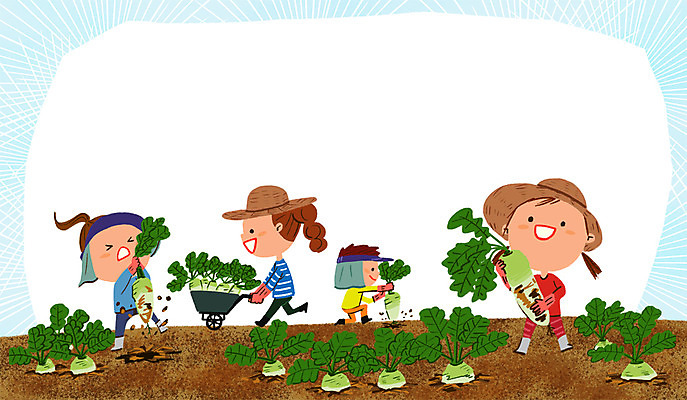 PSD 여자 남자 어린이 일러스트 자연 여러명 수레 체험학습 무 밀짚모자 농장체험 무밭 국내일러스트 모자_잡화 다수 밭 뿌리채소 사람 농장 카트 체험 생태계 파일형식