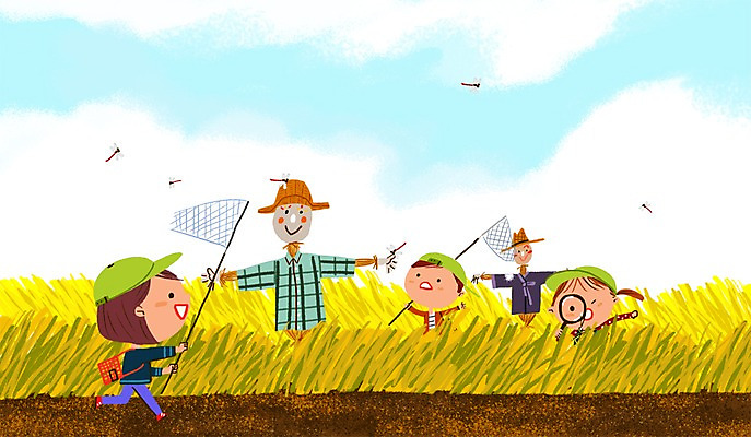 PSD 여자 남자 어린이 일러스트 자연 돋보기 세명 벼 가을 체험학습 잠자리 허수아비 채집망 국내일러스트 계절 곤충 농업 곡류 사람 체험 생태계 파일형식