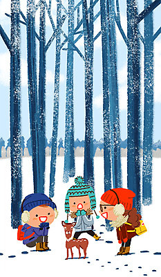 PSD 나무 여자 남자 어린이 겨울 일러스트 자연 사슴 털모자 세명 체험학습 국내일러스트 식물 모자_잡화 계절 포유류 사람 체험 생태계 파일형식