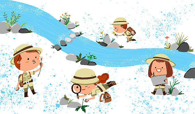 PSD 여자 남자 어린이 일러스트 자연 돋보기 여러명 바위 관찰 체험학습 개울 애벌레 탐험대 국내일러스트 다수 모션 사람 강 탐험 돌_바위 체험 벌레 생태계 파일형식