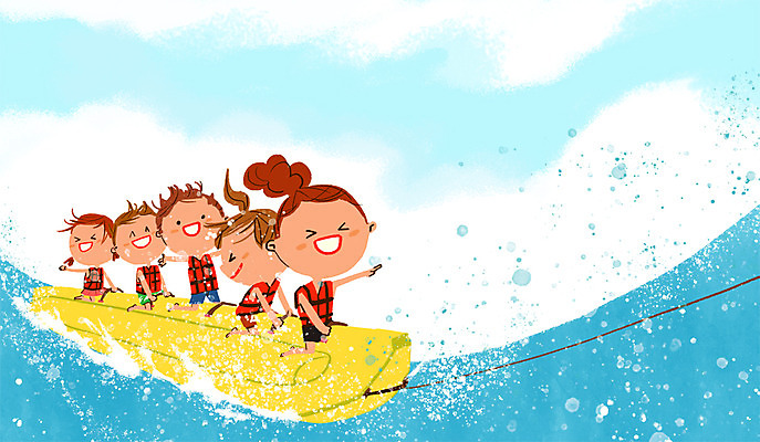 PSD 여자 남자 어린이 바다 일러스트 자연 여러명 체험학습 구명조끼 바나나보트 국내일러스트 다수 사람 체험 보트 생태계 구조용품 파일형식