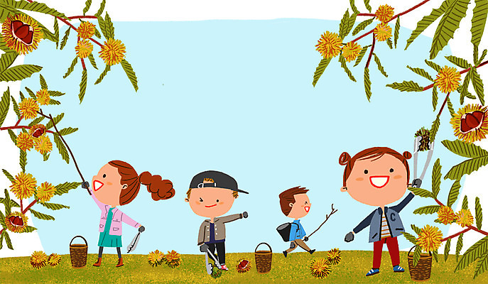 PSD 여자 남자 어린이 일러스트 자연 여러명 바구니 가을 체험학습 밤송이 밤나무 나무막대기 밤따기 국내일러스트 나무 계절 다수 사람 체험 막대기 밤_견과류 생태계 파일형식