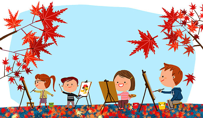 PSD 여자 남자 어린이 단풍 일러스트 자연 여러명 가을 체험학습 그리기 이젤 국내일러스트 계절 다수 잎 모션 사람 미술도구 체험 생태계 파일형식