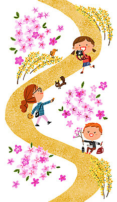 PSD 여자 남자 꽃 길 어린이 일러스트 자연 세명 카메라 봄 체험학습 개나리 진달래 국내일러스트 식물 계절 사람 전자제품 체험 생태계 파일형식