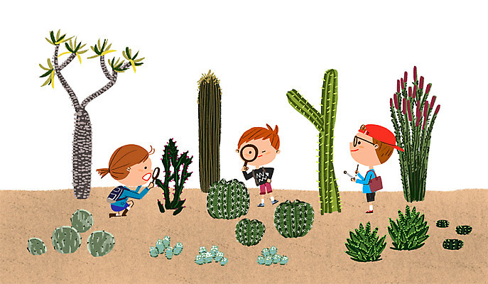 PSD 여자 남자 어린이 일러스트 자연 돋보기 선인장 세명 관찰 체험학습 국내일러스트 식물 모션 사람 체험 생태계 파일형식