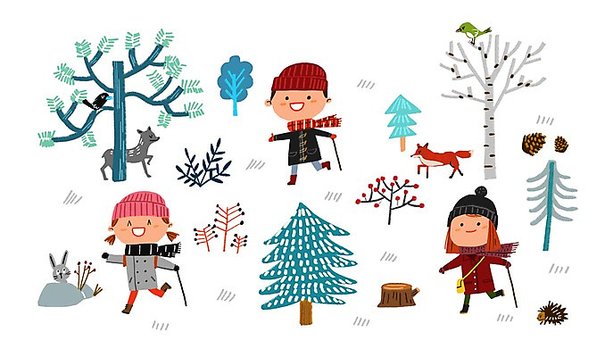 PSD 나무 여자 남자 어린이 겨울 일러스트 자연 조류 세명 토끼 체험학습 여우 솔방울 고슴도치 국내일러스트 식물 동물 계절 포유류 사람 반려동물 체험 생태계 파일형식