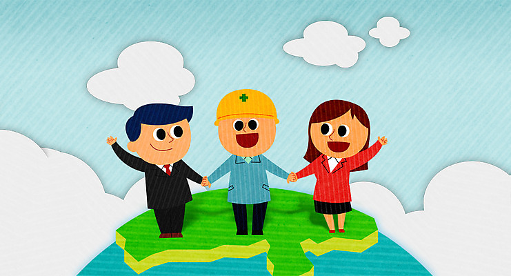 PSD 구름 여자 남자 일러스트 노동자 성인 세명 손잡기 안전모 근로자의날 지구모양 국내일러스트 자연요소 모양 직업 기념일 지구 모션 사람 헬멧 안전장비 파일형식