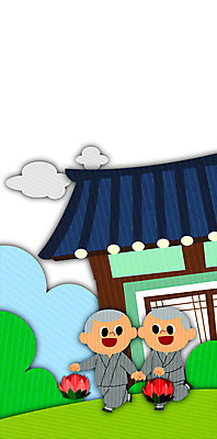 PSD 남자 어린이 일러스트 연꽃 두명 손잡기 부처님오신날 동자승 연등 국내일러스트 기념일 꽃 모션 사람 등불 승려 불교용품 파일형식