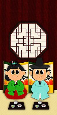 PSD 전통 여자 남자 일러스트 성인 두명 한복 병풍 성년의날 전통문살 국내일러스트 한국전통 기념일 사람 전통의상 문살 파일형식