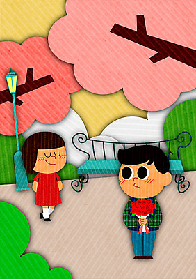 PSD 나무 공원 여자 남자 꽃다발 가로등 벤치 일러스트 성인 두명 장미 국내일러스트 식물 공공시설 꽃 의자 사람 파일형식