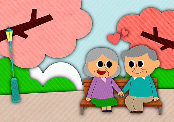 PSD 나무 공원 여자 노년 남자 가로등 벤치 일러스트 성인 두명 손잡기 노부부 국내일러스트 식물 부부 공공시설 의자 모션 사람 파일형식