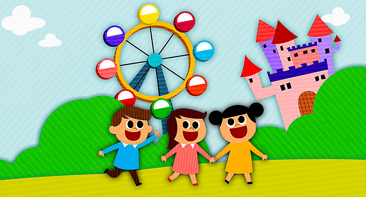 PSD 여자 남자 어린이 일러스트 세명 놀이공원 성 어린이날 대관람차 국내일러스트 건축물 기념일 사람 테마파크 놀이기구 파일형식