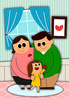 PSD 여자 남자 어린이 액자 일러스트 창문 가족 성인 세명 어버이날 카네이션 국내일러스트 기념일 꽃 관계 사람 파일형식