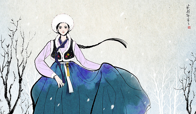 PSD 나무 여자 겨울 일러스트 털모자 한명 성인 전통의상 한복 먹 한지 한국화 털배자 미인도 국내일러스트 식물 모자_잡화 1 한국전통 전통 계절 종이 서예 사람 동양화 배자 파일형식