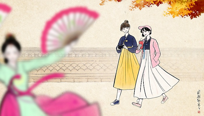 PSD 여자 일러스트 성인 세명 산책 전통의상 한복 먹 한지 퓨전 주머니손 한국화 민속촌 부채춤 돌담길 미인도 생활한복 스냅백 국내일러스트 한국전통 전통 종이 길 모션 서예 휴식 돌담 사람 전통공연 동양화 전통무용 파일형식