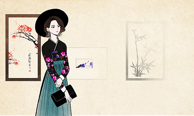 PSD 모자 여자 일러스트 한명 성인 전통의상 한복 먹 한지 퓨전 그림 클러치 한국화 관람 미인도 생활한복 국내일러스트 1 한국전통 전통 잡화 종이 가방 서예 사람 동양화 파일형식